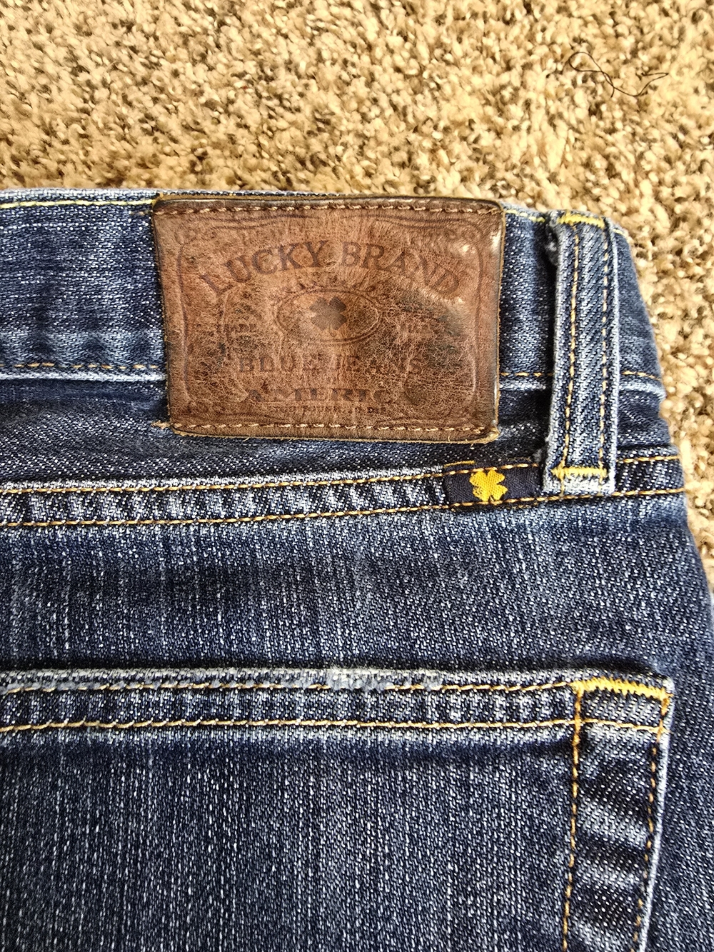 Lucky Brand Men’s Dark Blue Slim Straight Jeans with Brown Leather Patch